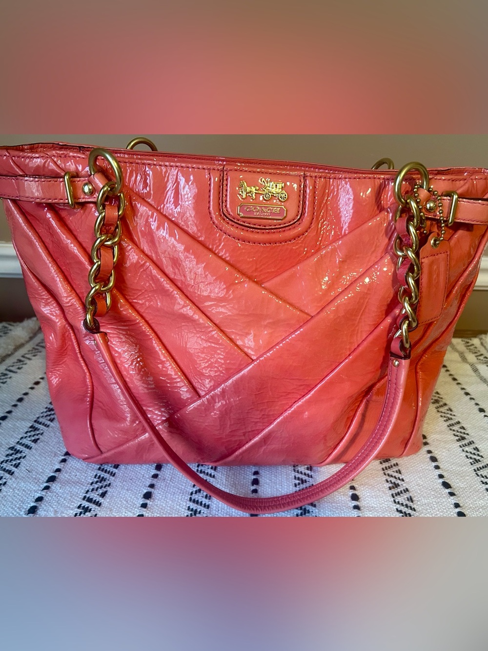 Coach Madison Diagonal Pleated Patent Leather Tote 21300 Punch Pink HTF